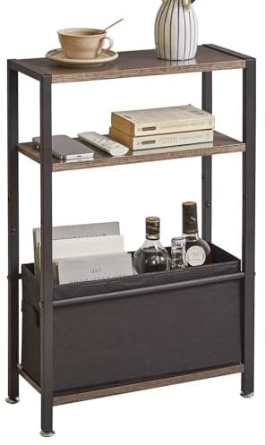 Aibiju Side Table with Storage, 3-Tier Slim Side Table with Fabric Basket,Narrow Bedside Table for Small Spaces,Bedroom,Living Room,Dark Grey, YD-TM052G