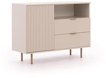 BETTSO - Kommode Kaschmir - Kommode mit Schubladen und Tür - 107cm breit, 80cm hoch - Goldene Beine und Griffe, dekorative Rillen - für Wohnzimmer, Schlafzimmer, Flur