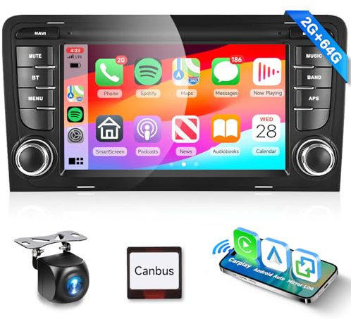 2G+64G Car Radio for A3 8P S3 RS3, 7 inch Android 13 Touch Screen Car Stereo with Wireless CarPlay/Android Auto WiFi GPS Bluetooth FM/RDS Radio SWC HD Backup Camera