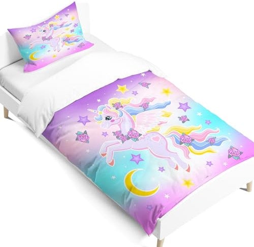 AVJWWD Set di biancheria da letto per bambini, in microfibra, con motivo a unicorno, con stampa 3D, 3 pezzi, con chiusura a strappo, morbido per ragazze (I, 120x150cm)