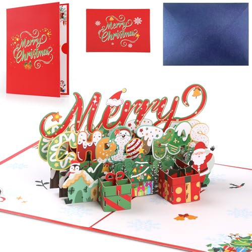 KIKISML 3D Pop Up Weihnachtskarten mit Umschlag Set, 3D Karte Weihnachten, Weihnachtskarte Klappkarten, Weihnachten Postkarten (Rot)