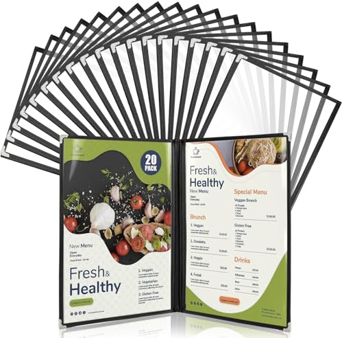 20 Pack A4 Menu Covers, WenYa Clear Recipe Card Holders with Black Trim & Metal Corners, Waterproof Plastic Restaurant Menu Holders for Cafés, Pubs & Home Use - 2 Page (4 Views)