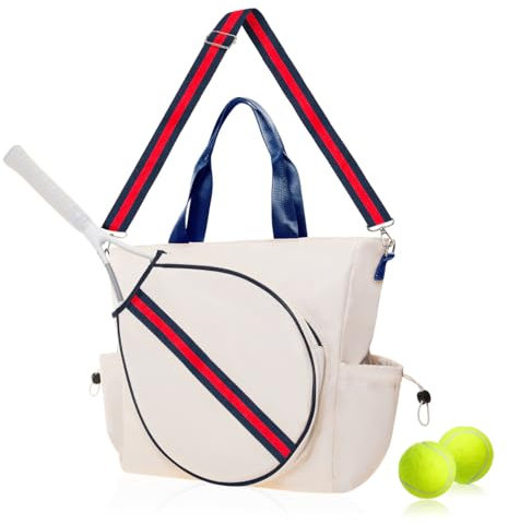 Mini Momo Tennistasche für Damen, stilvoller Rucksack – Uni, Schlägertasche, Sport-Pickleball-Tasche, wandelbare Schulter, Crossbody-Gurt, großes Fach (Tragetasche, Elfenbein/Rot gestreift)
