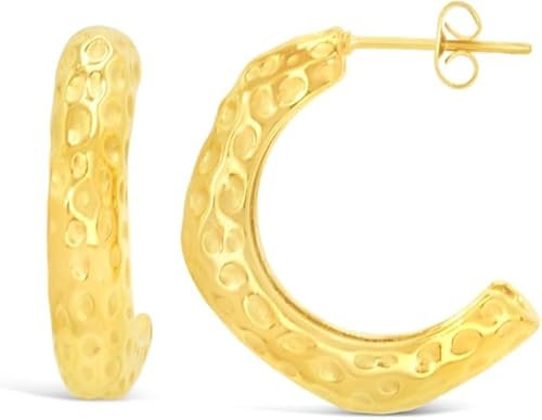 ARS-ARGENTI Boho Ohrringe Damen Mädchen Sterling Silber 925 Gold 18K - hypoallergen (Edle Halb-Creolen in gehämmertem Design ELIANA Edelstahl 18K vergoldet 23x23mm)