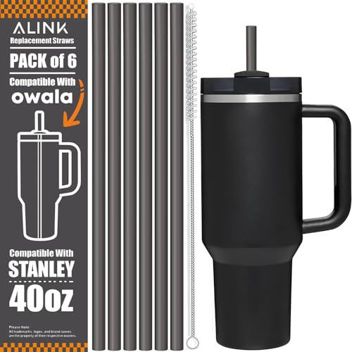 ALINK 12 Inch Gray Reusable Plastic Straws for Stanley 40 oz & 30 oz Tumbler, 6 Pack with Cleaning Brush, BPA FREE