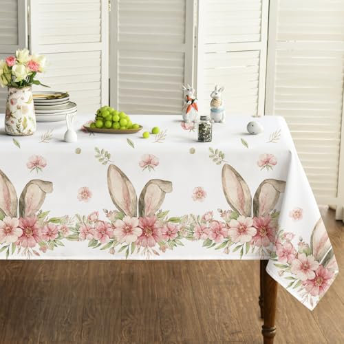 Artoid Mode Blumen Hasenohren Blätter Ostern Tischdecke 140x110 cm, Saisonnal Frühling Fleckschutz Tischwäsche Küche Dekoration Party Dekor