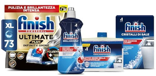 Finish Kit Lavastoviglie, 73 Pastiglie Ultimate PLUS Infinity Shine contro lo Sporco e i Residui Incrostati, Brillantante Regular 500ml, Curalavastoviglie Regular 250ml, Cristalli di Sale 1kg