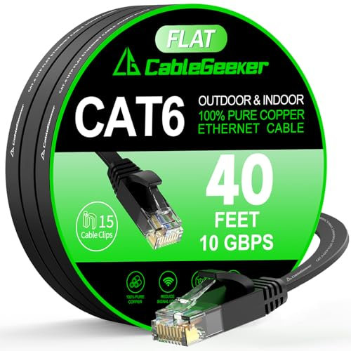Cat 6 Ethernet Cable 40 ft, Indoor&Outdoor, High Speed 10Gbps Flat Internet Network Cable, Cat6 Ethernet Patch Cable Long, Computer LAN Cable with Free Clips & Straps for Router, Modem, PS4/5, Black