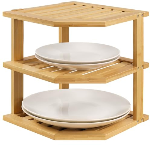 BFTOU Bamboo Plate Organizer Kitchen Cabinet Organizer 3 Tier Corner Counter Shelf for Plate Dish Bathroom Countertop Shelves, Natural