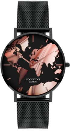 Woodstock Zambon® Midnight wasserdichte Uhr – elegantes minimalistisches Design mit schwarzem Zifferblatt, Gehäuse aus Edelstahl und verstellbarem Armband, Schwarz und Roségold, Minimalistisch