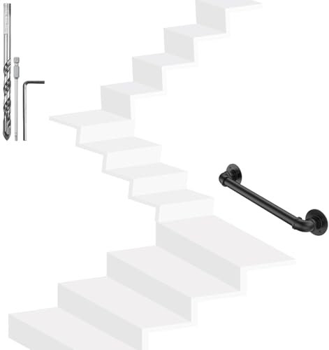 YedZen 50cm/1.7ft Metal Stair Handrail, 0.5M Handrails for Stairs for Indoor Outdoor, Wall Mounted Non-Slip Industrial Steel Pipe Hand Rail, Black Stair Rail for Staircase
