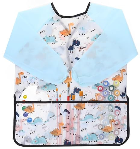 Voarge Tablier de peinture pour enfants, tablier de peinture dinosaure pour enfants bavoirs imperméables avec manches tablier, nylon, M, bleu, taille unique