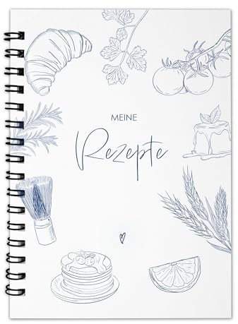 bigdaygraphix Rezeptbuch zum Selberschreiben & Ausfüllen - Ringbuch DIN 4 + Spiralbindung - Backbuch Kochbuch weiß, blau geschenkidee Rezeptbuch Lieblingsrezepte (DIN A4)
