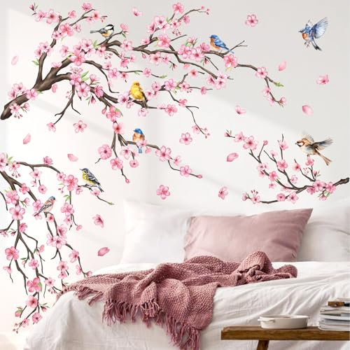FUFUQUARE Pink Cherry Blossom Tree Wall Stickers Spring Birds on Flower Branch Wall Art Decal Peel and Stick for Living Room Bedroom Nursery Decor