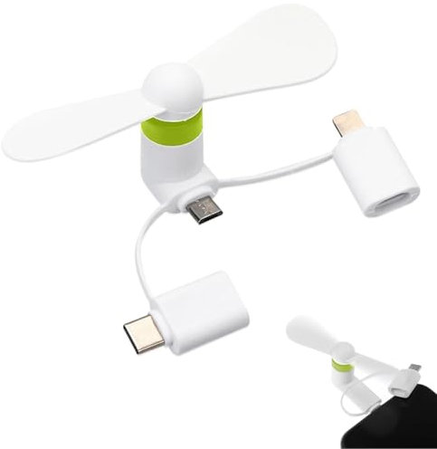 TUKNN Mini-Handy-Lüfter, 3-in-1 Mini-Handy-Ventilator, Tragbarer Kühler Rotierender Ventilator, Kompatibel mit iPhone/Micro-USB/Typ C/Port-Ventilator (Weiß)