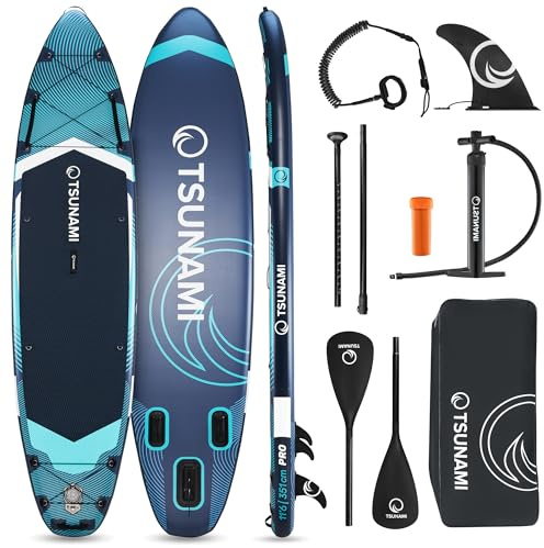 TSUNAMI Stand Up Paddling Board PRO, SUP-Board mit Komplettes Zubehör, Pumpe und Sicherheitsleine, Tragkraft bis 160kg, Länge 350cm, Doppeltes Material und zusätzliche interne Verstärkungen