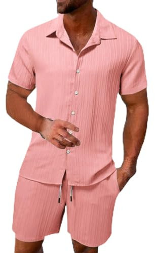 Ensemble short et chemise en coton et lin pour homme - Ensemble de survêtement d'été - Manches courtes - Chemises et shorts avec poches - Tenue 2 pièces pour vacances, plage, mariage, rose, L