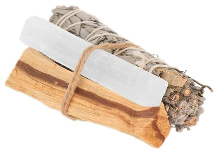 NKlaus Selenit mit weißem Salbei und Palo-Santo-Holz, 10 cm, 1 Stück | Räucherbündel zur energetischen Reinigung, für Schutz, Rituale und Meditation