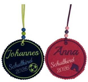 Generisch Personalisierter Anhänger für Schultüte | mit Name des Kindes hochwertig Bestickt | zum Befestigen an der Schultüte Einschulung 2026 Schulranzen | Button Anhänger |