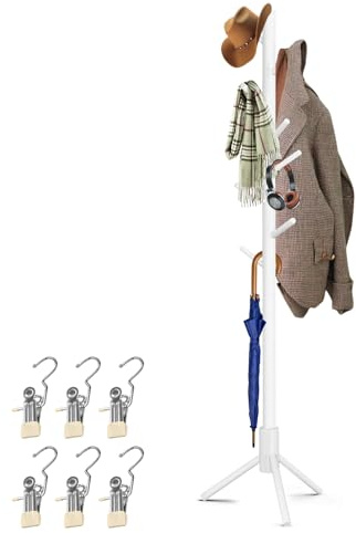 KATLKIU Porte-manteau en Bois de Pin avec 8 Crochets + 6 Clips Inox – Porte-manteau Moderne Gain de Place pour Entrée, Chambre, Bureau(Blanc)