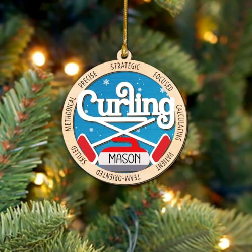 Curling Ornament, Curling Rock Stone Ornament, Curling Broom Sweeper Wooden Ornaments, Ice Sport Hanging Decor for Tree, Gifts for Curling Players, Lovers, Fans, Coach, Sports Keepsake for Men, Women