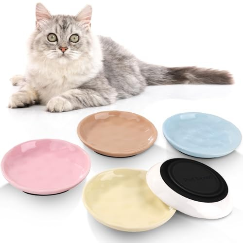 Ezvsevuo 5 Stück Katzennapf Flach Keramik, Futternapf Katze mit Rutschfestem Silikonboden, Bunter Katzenschüssel Anti Whisker Fatigue, Katze Napf, Katzenteller Napfset für Katzen und Kleintiere