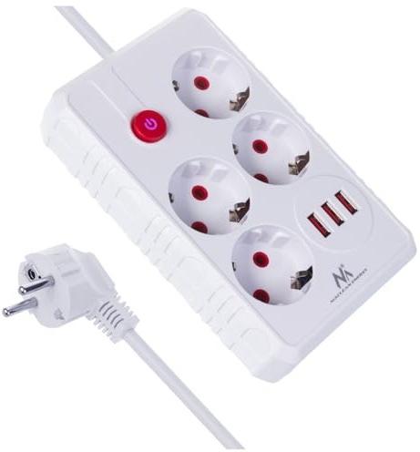 Maclean MCE392/3 Steckdosenleiste | 4 Steckdosen 3xUSB 2500W | Winkelsteckdosen 45° | Beleuchteter Schalter Wandmontage | Universal für Zuhause, Büro und Gaming (Weiß, 3m)