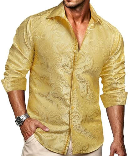 Ailisus Men's Silk Shirts Paisley Long Sleeve Button Down Dress Shirt Western Casual Designer Tops Woven Party Wedding