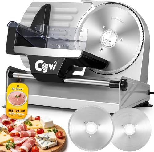 CGOLDENWALL Affettatrice Elettrica 220W – Spessore Regolabile 0‑20 mm, 2 Lame in Acciaio Inox 19 cm (Dentata & Liscia), per Carne, Formaggio, Pane e Verdure, Sicurezza con Spingitutto(Argento)