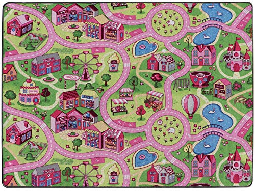 Primaflor Spielteppich SWEET CITY - 140x200 cm | Straßenteppich mit Märchen-Motiv in Rosa | Made in EU | Kinderteppich mit Straßen für Mädchen | für Fußbodenheizung | Kurzflor Teppich für Kinderzimmer