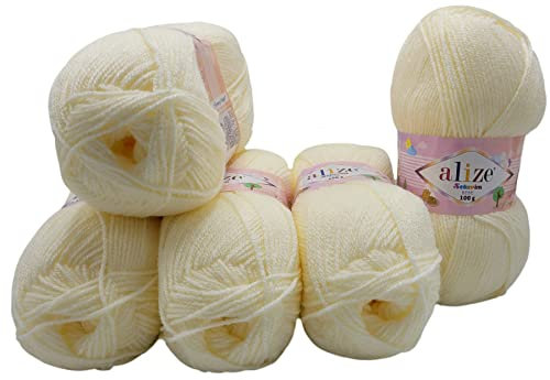 5 x 100g Strickwolle Alize Bebe einfarbig, 500 Gramm Wolle zum Stricken und Häkeln (Creme 62)