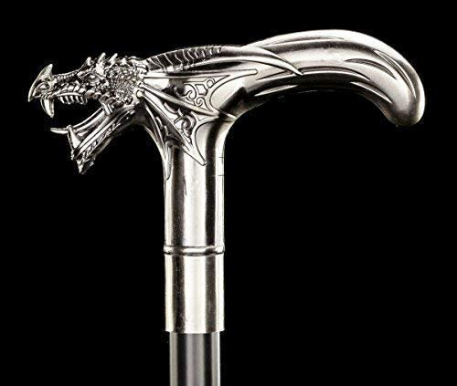 Figuren Shop GmbH Spazierstock mit Drache aus Metall | silberfarben Länge: 88,5 cm Gothic Steampunk Accessoire Festival