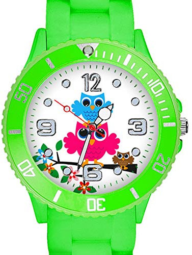 Taffstyle Kinder Armbanduhr Silikon Sportuhr Bunte Sport Uhr mit Blumen Eulen Familie Motiv Analog Quartz Little 34 mm Grün