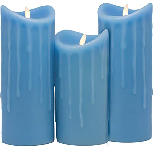 Tronje LED Echtwachskerzen 3er Set mit Timer - 23/18/23 cm Kerzen Blau Wachstropfen mit beweglicher Flamme