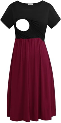 Smallshow Women's Short Sleeve Casual Maternity Nursing Dress for Breastfeeding Black/Wine L