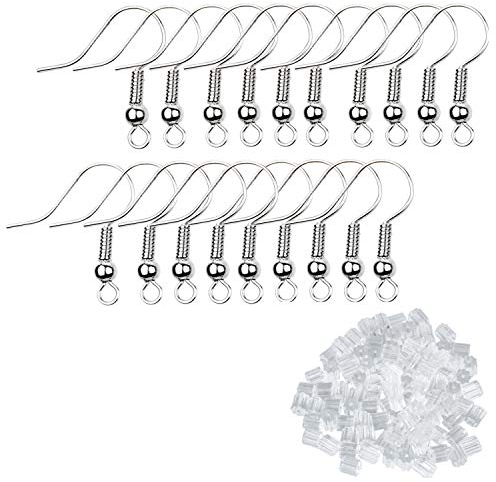 Eco-Fused 200 Stück Silber Ohrring-Haken und 500 Stück transparente Ohrring-Rückseiten - Nickelfreie Ohrdrähte (18mm) - Kunststoff-Stopper-Ersatz-Sicherheitsrücken (2,5mm x 3mm)