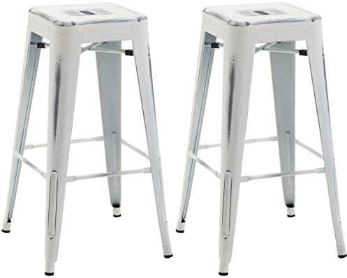 CLP 2er Set Barhocker Joshua I Stapelbare Tresenhocker aus Metall I Barstühle mit Fußstützen I Sitzhöhe 76 cm I Stapelhocker, Farbe:antik weiß