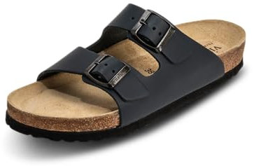 VITAFORM Unisex Pantoletten in Blau I Größe 42 I Luftpolster-Fußbett für Dämpfung & Gelenkentlastung I Weite H für optimalen Sitz I Weiches Veloursleder & Naturkork I Echte Handwerkskunst