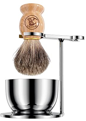 ERAVOR Premium Rasierpinsel-Set mit Holzgriff - Edelstahl Ständer + Doppelschale + Synthetik-Dachshaar Pinsel, Nassrasur Zubehör, Geschenk für Männer (Holz/Edelstahl)