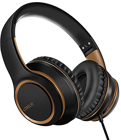Lorelei X8 Cuffie sovrauricolari cablate con microfono con linea in nylon anti-groviglio da 1,45 m e spina da 3,5 mm, leggere, pieghevoli e portatili, per smartphone, tablet, computer, MP3/4