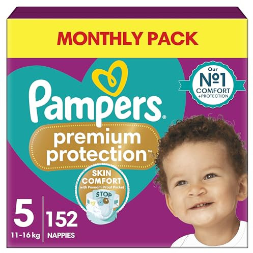 Pampers Premium Protection Size 5, 152 Baby Nappies, 11kg-16kg, Monthly Pack with Pampers Harmonie Aqua Baby Wipes 1 Pack of 10 Wipes
