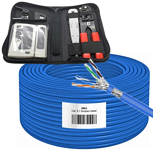 ARLI 100m Cat8.1 Verlegekabel + 4 in 1 Werkzeugset | Crimpzange, LSA-Werkzeug, Netzwerktester & Abisolierer | bis zu 40 Gbit/s & 2000 MHz | S/FTP LSZH | Komplettset für Netzwerkinstallationen Cat8