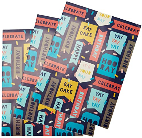Hallmark Geburtstags-Geschenkpapier und Geschenkanhänger, 4 Papierbögen und 4 Geschenkanhänger in 1 Jazzy-Design