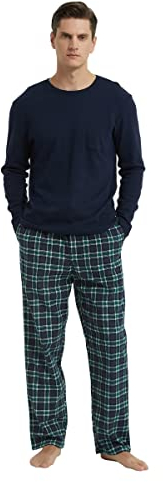 GLOBAL Pigiama Uomo Flanella Cotone Lungo Pigiami Pezzi Girocollo Invernale Abbigliamento da Notte Traspirante Confortevole e Caldo, Pantaloni Griglia Verdi Neri,M