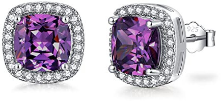 SNORSO Clous D'oreilles Argent Pour Femme Fille, Boucles d'oreilles Zircon Cubique Carré, Boucles d'oreilles Améthyste Pierre de Naissance Violet Fevrier, Cadeau Anniversaire Mariage pour Femme Fille