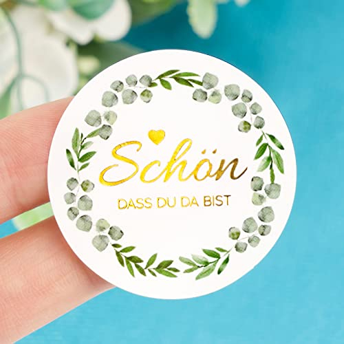 120 Stück 4cm Aufkleber Schön dass du da bist Goldfolie Sticker Hochzeit Rund Etiketten Selbstklebend Eukalyptus Gastgeschenke Deko für Taufe Kommunion Konfirmation (Gold)