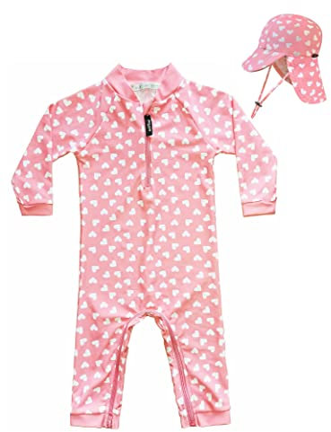 weVSwe Traje De Baño para Niña con Protección UV De Una Pieza con Sombrero para El Sol con Solapa Y Corazón Rosa De 18-24 Meses