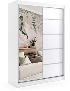 ALTDECOR Kleiderschrank mit Spiegel und Schiebetüren, kugelgelagerte Führungsschienen und Aluminium-Leisten, LED-Beleuchtung (Weiß + 16 Farben) und Fernbedienung - Maki - 120 cm Weiß