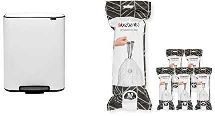 Brabantia Bo Pedal Bin - 1 x 60L Inner Bucket (White) Waste/Recycling Kitchen Bin + M Liners Multipack Box (120 rolls)