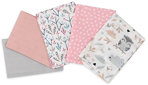 FENSILO 5er Pack Musselin-Tücher für Baby 34x34 cm, Baby Waschlappen aus Musselin - Vielseitige Mulltücher als Spucktücher, Schnuffeltuch, 100% Baumwolle, Spuctuch Rosa Mädchen
